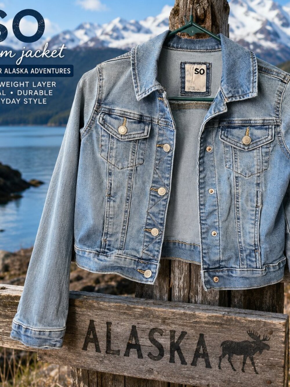 SO Light Wash Denim Jacket Womens Large Cropped Button Front Jean Jacket